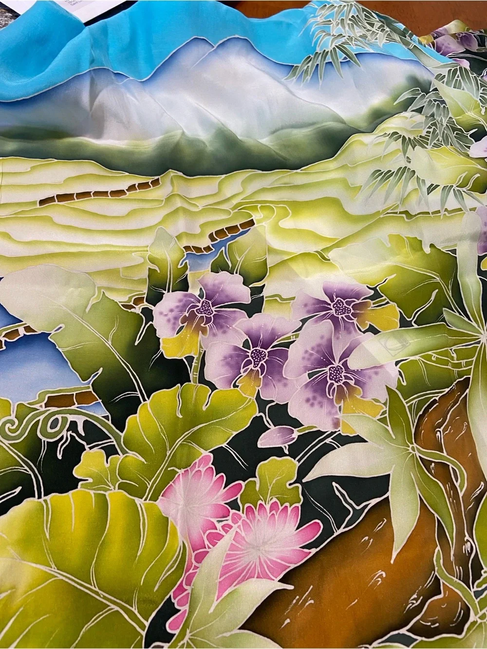 Sajen 100%Silk Scarf with Tropical Scene , Blues and Greens 20 1/2 x 75”